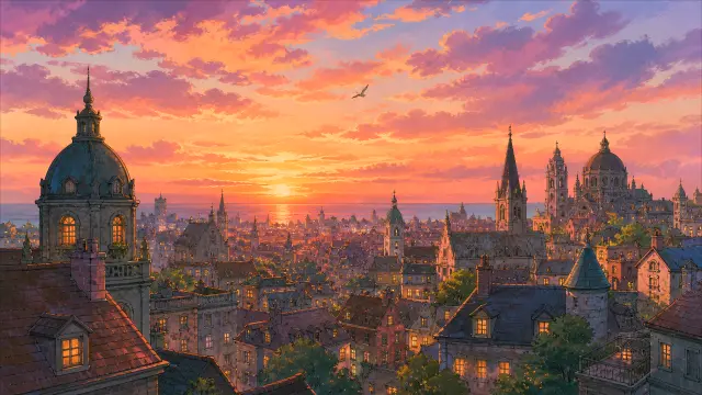 Paisaje urbano medieval al atardecer con cielos rosados