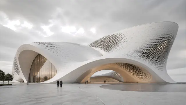 Edificio futurista blanco con textura de panal y arcos curvos