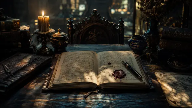 Escritorio antiguo con libro abierto y vela encendida