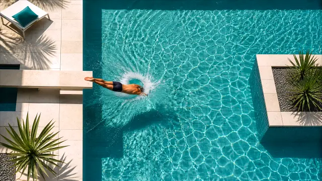 Hombre sumergiéndose en piscina de lujo con palmeras