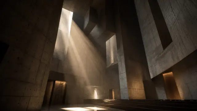Interior de iglesia de hormigón con luz divina