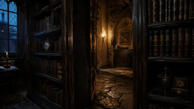 Interior biblioteca antigua con estanterías de madera