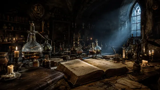 Libro antiguo y frascos de alquimia en laboratorio medieval