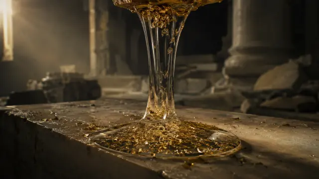 Liquido dorado cayendo en ruinas antigas