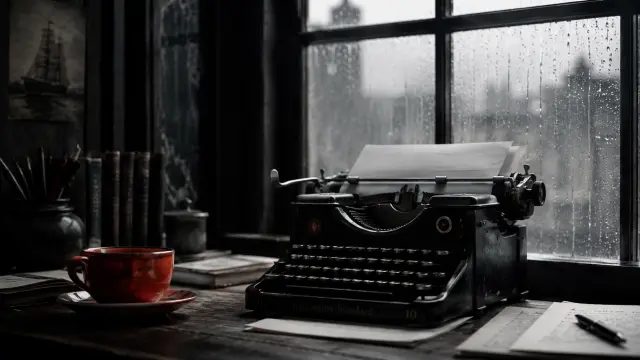 Máquina de escribir antigua en ventana con lluvia