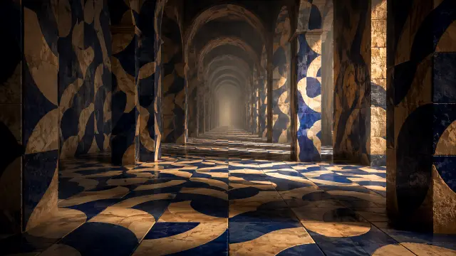Pasillo arquitectónico con arcos y azulejos en tonos dorados y azules