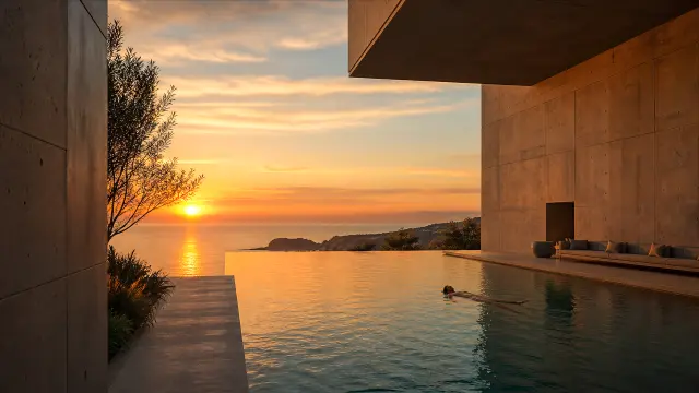 Piscina infinita y atardecer sobre el mar