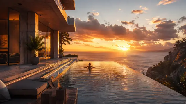 Piscina infinita frente al océano al atardecer