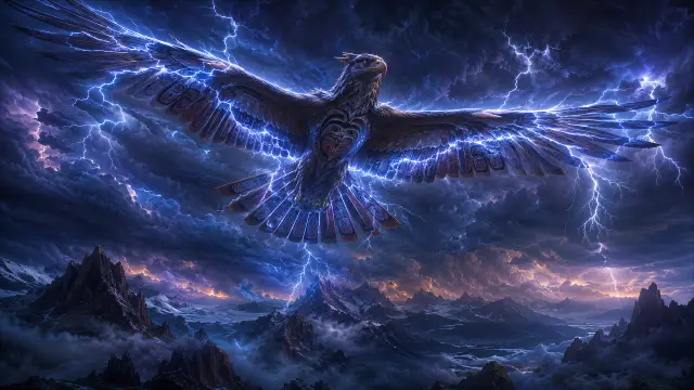 Águila mística con rayos sobre montañas