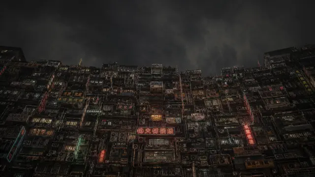 Ciudad densa y oscura bajo tormenta en la noche