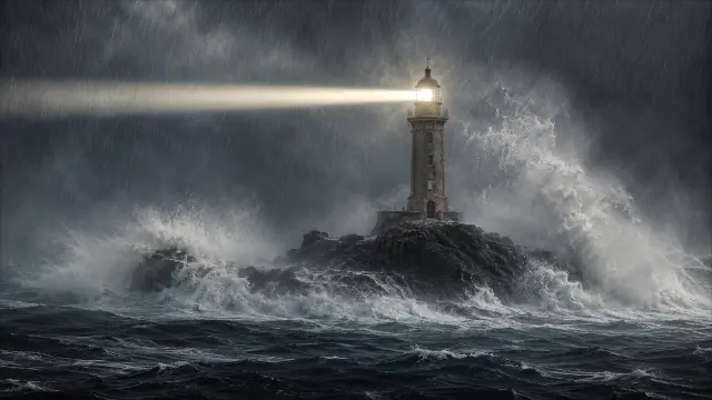 Farol en la costa durante una tormenta marina