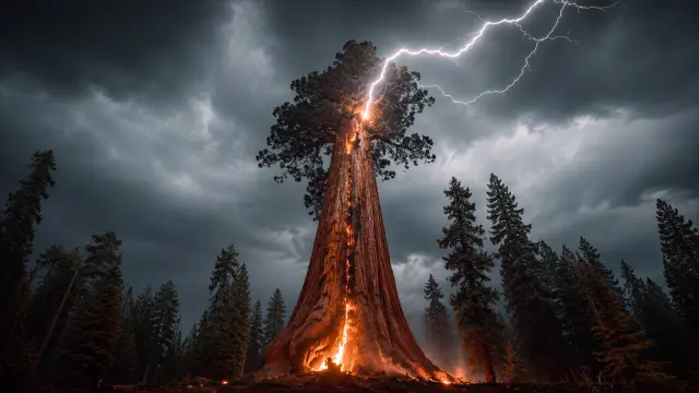 Fondo de pantalla 4K IA: Gran árbol con rayos en bosque tormentoso