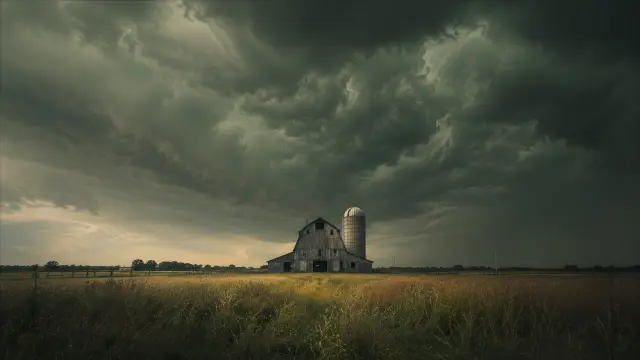 Granja antigua bajo una tormenta inminente en campo