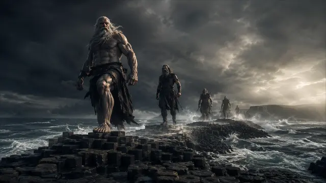 Hombres musculares caminando sobre basalto en tormenta marina