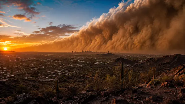 Pared de polvo gigante sobre ciudad al atardecer
