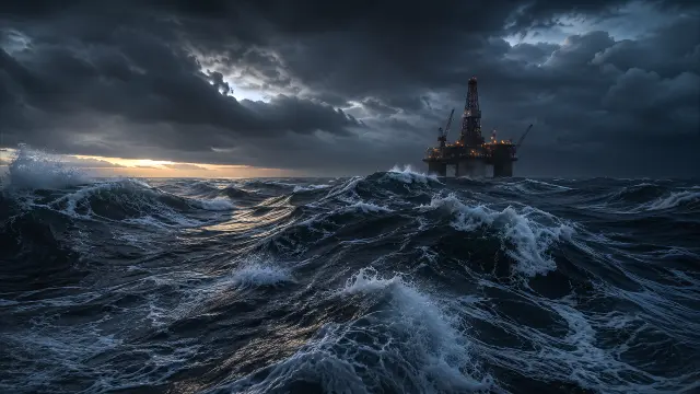 Plataforma petrolífera en tormenta marina oscura