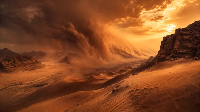 Tormenta de arena sobre desierto al atardecer