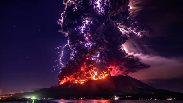 Fondo de pantalla 4K IA: Volcán en erupción con rayos y cielo nocturno
