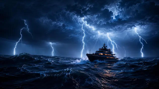 Yate en tormenta con rayos en el mar de noche