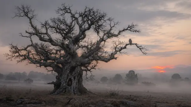 Árbol viejo y búho bajo un atardecer neblinoso
