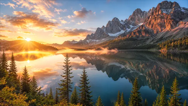 Atardecer dorado en lago con montañas y pinos
