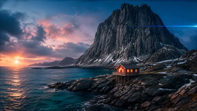 Casa roja en rocas frente a montaña al atardecer