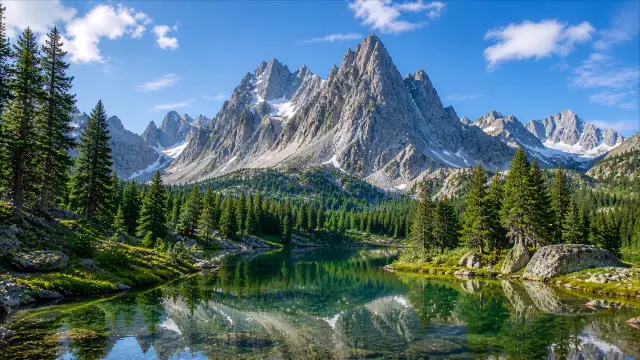 Lago alpino con montañas y bosques reflejados