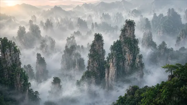 Montañas picos entre niebla densa al amanecer