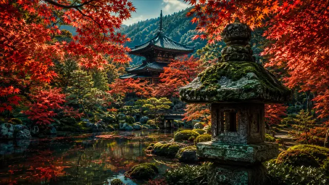 Pabellon japonés rodeado de arboles rojos y lag