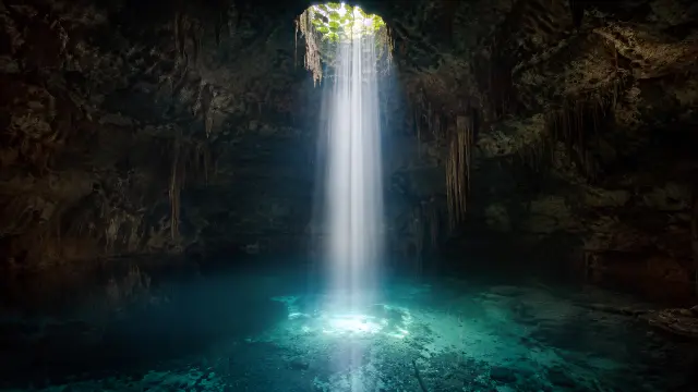 Rayo de sol entrando en cueva con piscina azul