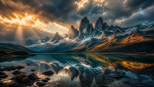 Reflejo de montañas nevadas en lago al atardecer