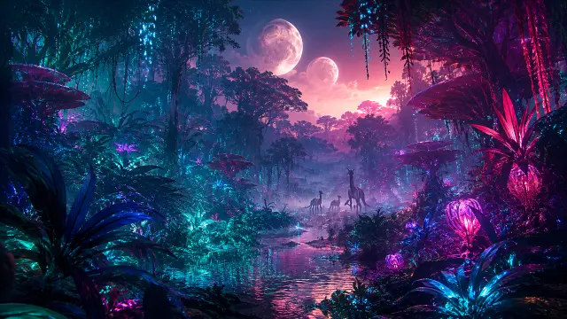 Selva brillante con cielos de doble luna y animales nocturnos