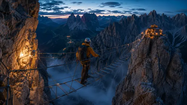 Viajero cruzando puente colgante en cumbres al atardecer