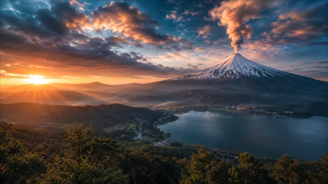 Volcán erupcionando al atardecer con sol y nubes