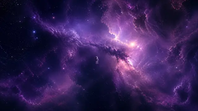 Astronauta flotando en nebulosa púrpura y estrellas