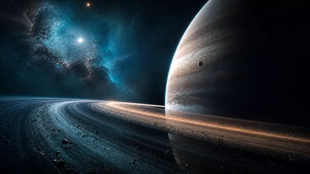 Gigante gaseoso y anillos con nebulosa azul en el espacio