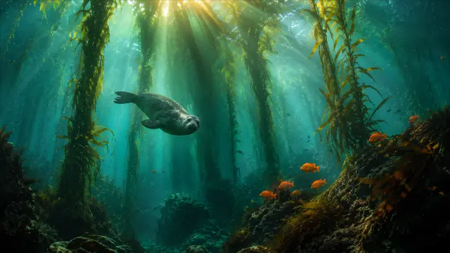 Foca nadando entre algas y peces en bosque submarino
