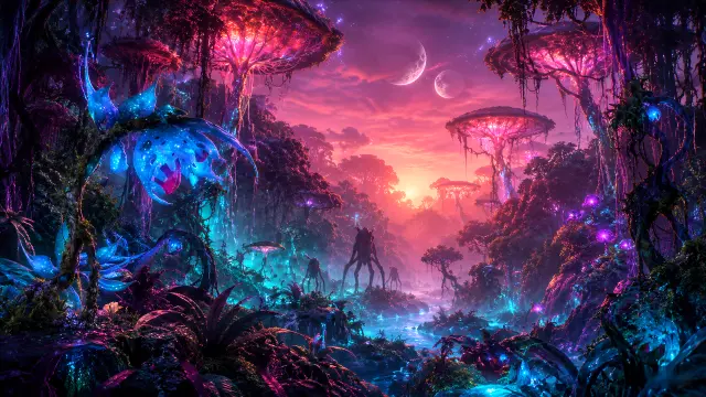 Bosque alienígena con flora brillante y criaturas bajo dos lunas