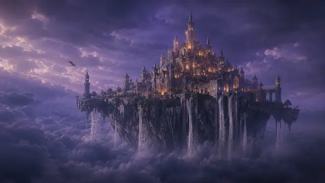 Castillo flotante en una tormenta mágica nocturna
