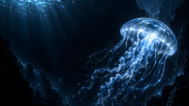 Medusa luminosa azul en aguas profundas oscuras