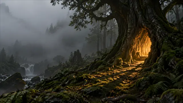 Bosque oscuro con cueva luminosa y cascada