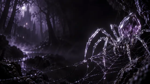 Araña de cristal en un bosque místico y oscuro