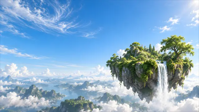 Isla flotante con cascada en el cielo