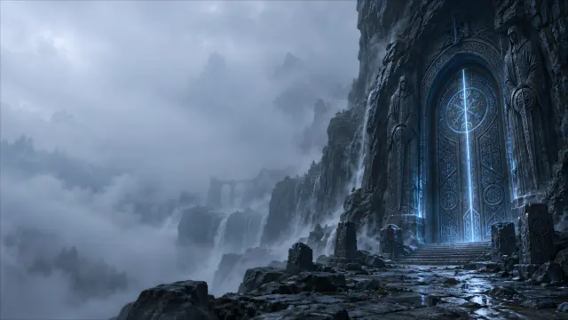 Fondo de fantasía: Puerta mágica en montaña con niebla