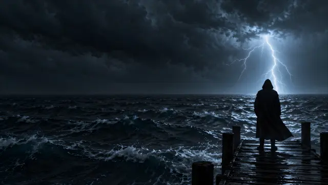 Figura en muelle con tormenta y relámpago marino