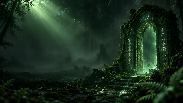 Portal mágico en bosque oscuro con luz verde
