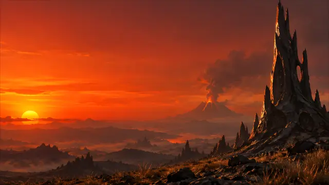 Fondo de pantalla fantástico con volcán activo y atardecer rojo