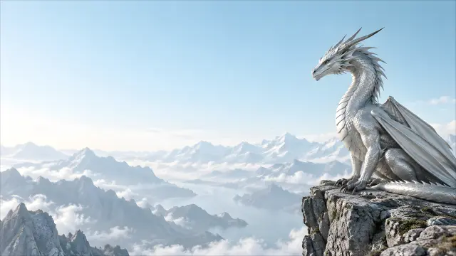 Dragón blanco sobre montaña con nubes al amanecer