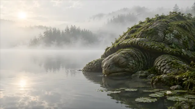 Tortuga gigante mística en lago con niebla y ninfas