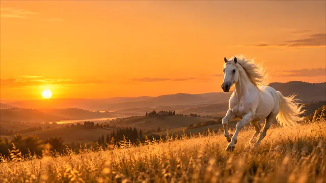 Caballo blanco galopando al atardecer en colinas doradas
